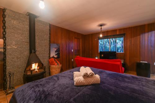 a bedroom with a bed with a fireplace in it at Recanto Lira 1 e 3 in Monte Verde
