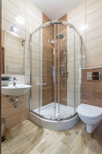 a bathroom with a shower and a toilet and a sink at Pensjonat Perła Pienin in Grywałd