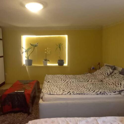 a bedroom with a white bed with plants on a yellow wall at InterSoul Apartman in Gyöngyös
