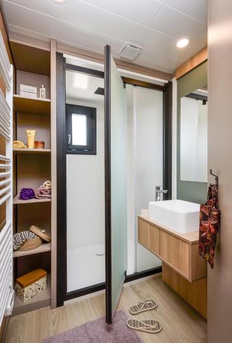 a bathroom with a sink and a mirror at VVF Aubrac in Chaudes-Aigues