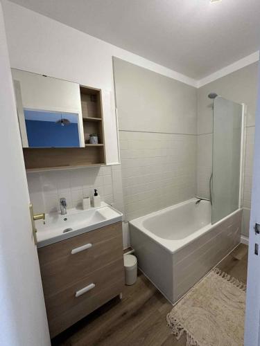 a bathroom with a tub and a sink and a bath tub at Le Nid de la Mayenne in Mayenne