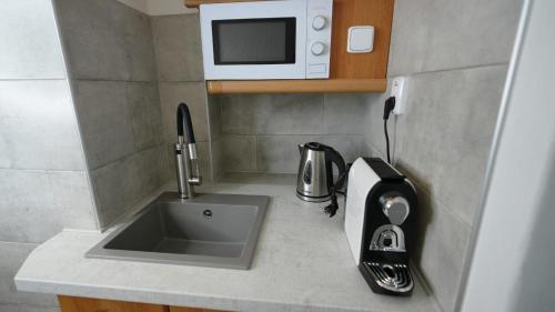 a small kitchen with a sink and a microwave at Penzion Pollet in Pilsen