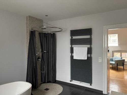 a bathroom with a shower and a toilet in a room at Villa Friedenstraße 11 in Lüneburg