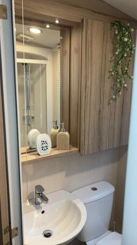 a bathroom with a toilet and a sink and a mirror at B10 - The Escape Pod in Heysham