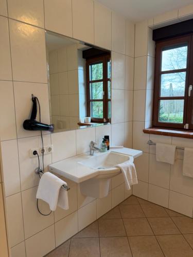 a bathroom with a sink and a mirror at Scheune B7 in Düsseldorf