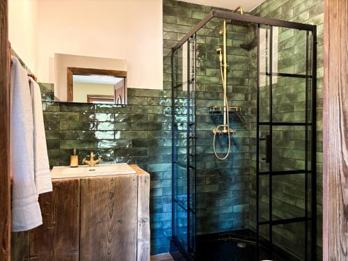 a bathroom with a shower and a sink at Dymer in Biskupiec