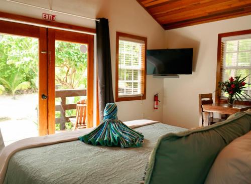 a bedroom with a bed and a tv and a window at Mangata Villas Adults Only in San Pedro