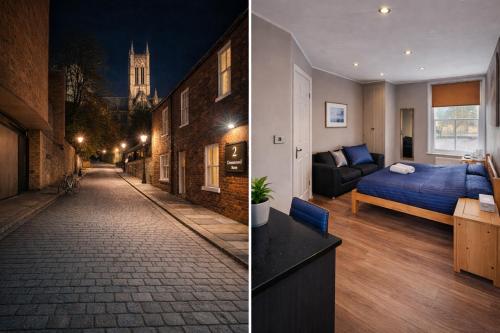 two pictures of a bedroom and a street with a bed at 2nd DANESGATE in Lincoln