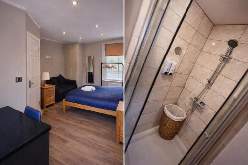 a bedroom and a bathroom with a bed and a shower at 2nd DANESGATE in Lincoln