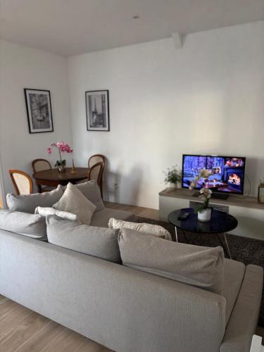 a living room with a couch and a tv at Cottage Larris - proche Aéroport - navette Gare in Beauvais
