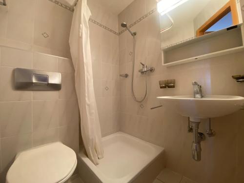 a bathroom with a toilet and a sink and a shower at Comfortable 2 bedroom apartment in Gryon in Gryon