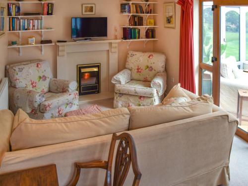 a living room with a couch and chairs and a fireplace at Swallowdale in Flordon