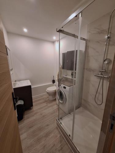 a bathroom with a shower and a toilet with a washing machine at Faubourg des voyageurs 4 - Studio climatisé 2 personnes - proche axe autoroute in Saran