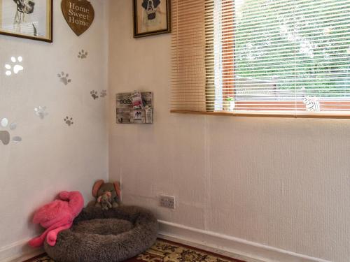a corner of a room with a dog bed and a window at Zebra House in Blaenavon