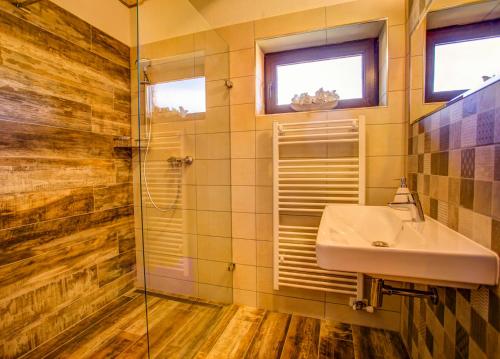 a bathroom with a sink and a shower at Drevenica pod Sitieňom 2 in Svätý Kríž