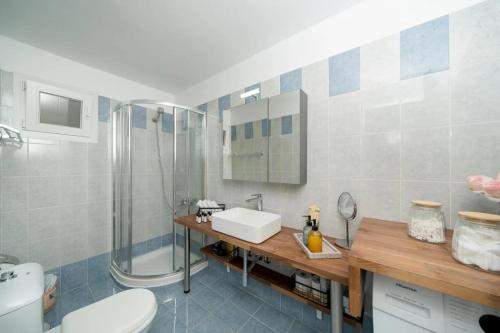 a bathroom with a sink and a shower and a toilet at Livingstone House in Porto Rafti