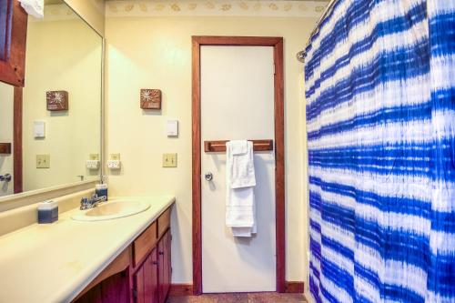 a bathroom with a sink and a mirror at On River Time Bring Your Pup Pool in Bartlett