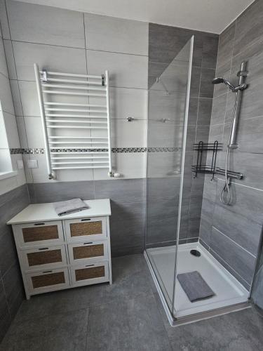 a bathroom with a shower and a sink at Ferienhaus Lilja mit Grill Kamin eignes großes Grundstück und Außenpool in Trzęsacz