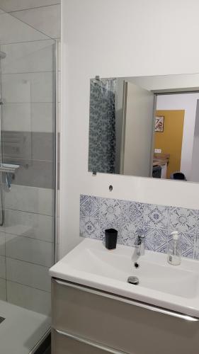 a bathroom with a sink and a mirror and a shower at Parenthèse en Savoie in Albertville