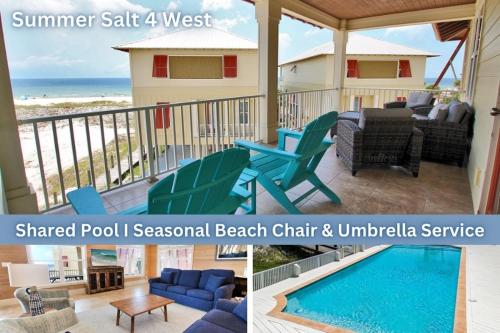 a collage of two pictures of a porch with a swimming pool at Summer Salt 4 West by Youngs Suncoast in Orange Beach