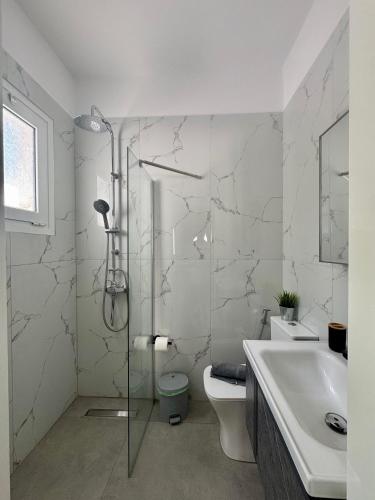 a bathroom with a shower and a toilet and a sink at Chakalaka Resort in Vlikhón