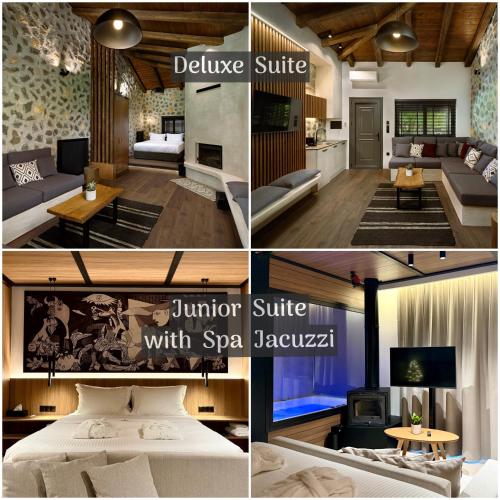 a collage of photos of a living room and a living room at Bocca al Lupo Villas in Kato Loutraki