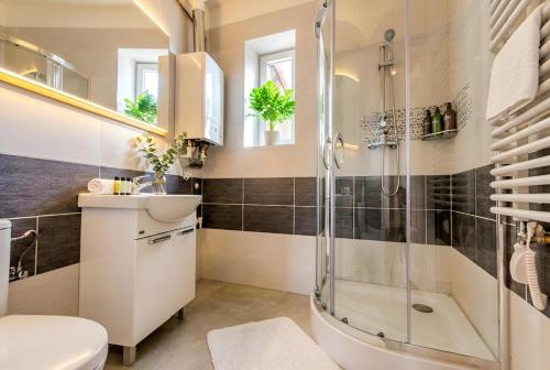 ein Badezimmer mit Dusche, Waschbecken und Toilette in der Unterkunft Upper Apart in Cieszyn