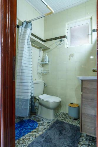 a bathroom with a toilet and a shower curtain at Zoe House in Sidari