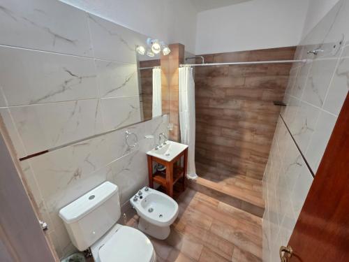 a bathroom with a white toilet and a sink at La Margarita Aparts - Solo 2 Pax in Mina Clavero