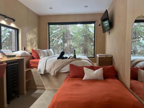 a bedroom with two beds and a cat sitting on the bed at Domaine FORESIA in Saint-Alexis-des-Monts
