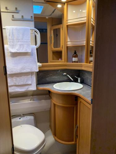 a bathroom with a sink and a toilet at Hagen Camping Mini hus in Kjerrvika