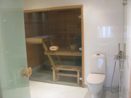 a bathroom with a toilet and a sink at Wanha Koulu Tahko Unelma, 4mh, Palju, Sauna, Tupakeittiö, Wifi, Liikuntasali, RinteetSpaRavintola 6km, Lemmikit OK, Edukas in Reittiö