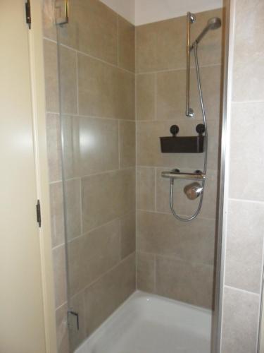 a shower with a glass door in a bathroom at Schophemmerhoeve in Voeren