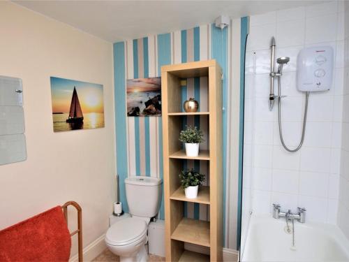 a bathroom with a toilet and a shower and a sink at 5 Bed in Alnwick oc-60497 in Alnwick