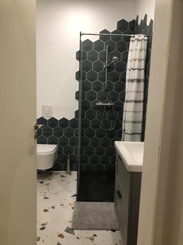 a bathroom with a black and white tiled wall at Renovated charming appartment in Strasbourg
