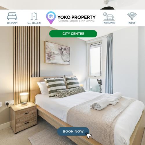 a bedroom with a white bed and a city centre at Sleek Apartment with Balcony - City Centre - Free Parking, Fast WiFi and 55'' Smart TV by Yoko Property in Milton Keynes