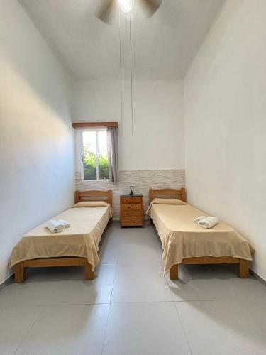 two beds in a white room with a window at Piriápolis Hostel & suites in Piriápolis