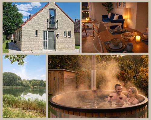 a collage of pictures of a house and a hot tub at Lakestyle wellness met hottub en BBQ bij meer in Gelderland in Ewijk