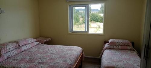 two beds in a room with a window at Hospedaje Campestre Ranco Naturaleza - Desayuno incluido in Lago Ranco