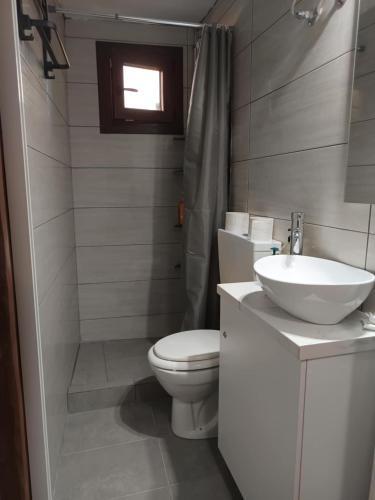 a bathroom with a white toilet and a sink at Heidis Haus in Polygryos