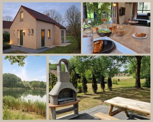 a collage of pictures with a house and a fire place at Lakefront Cottage Gelderland BBQ & tuin 6pers in Ewijk
