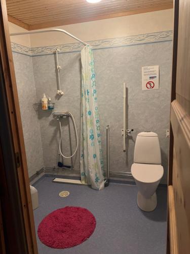 a bathroom with a shower with a toilet and a red rug at Huså byskola in Järpen