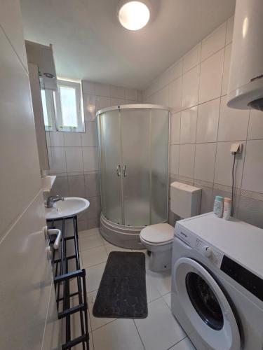 a bathroom with a shower and a washing machine at Apartman Centar LUX in Jagodina