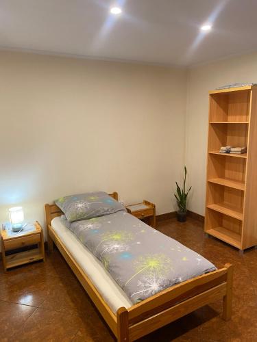 a bedroom with a bed and a book shelf at Mirenka in Czerna