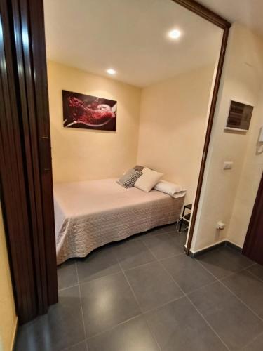 a small bedroom with a bed and a mirror at Apartamento Haro Wine Experience in Haro
