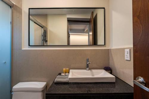 a bathroom with a sink and a toilet and a mirror at Cozy condo with rooftop in Roma Norte in Mexico City