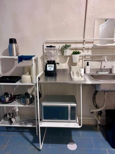 a kitchen with a counter with a microwave and a sink at Cómodo departamento en zona céntrica de Puebla in San Baltasar