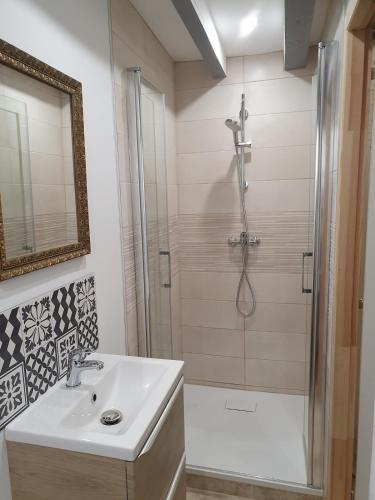 a bathroom with a shower and a sink at Maisonette, Gîte de la Mère Nini in Saint-Laon