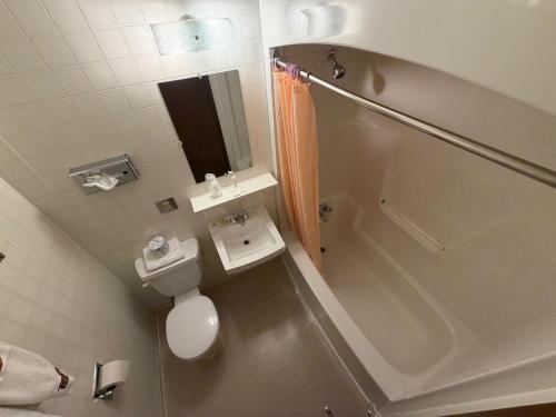 a bathroom with a shower and a toilet and a sink at Airport Chalet in Whitehorse