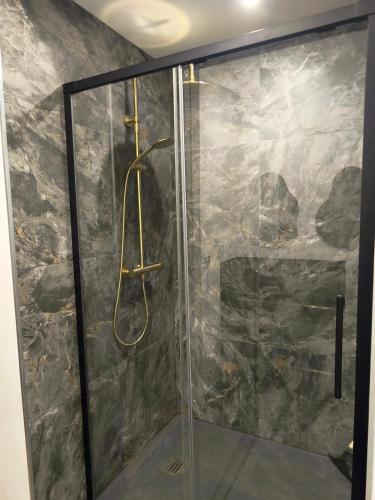 a shower with a glass door in a bathroom at Loveroom LovaLova in Reims